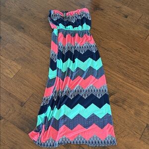 Trixxi Strapless Chevron Maxi Dress in Coral, Teal & Navy